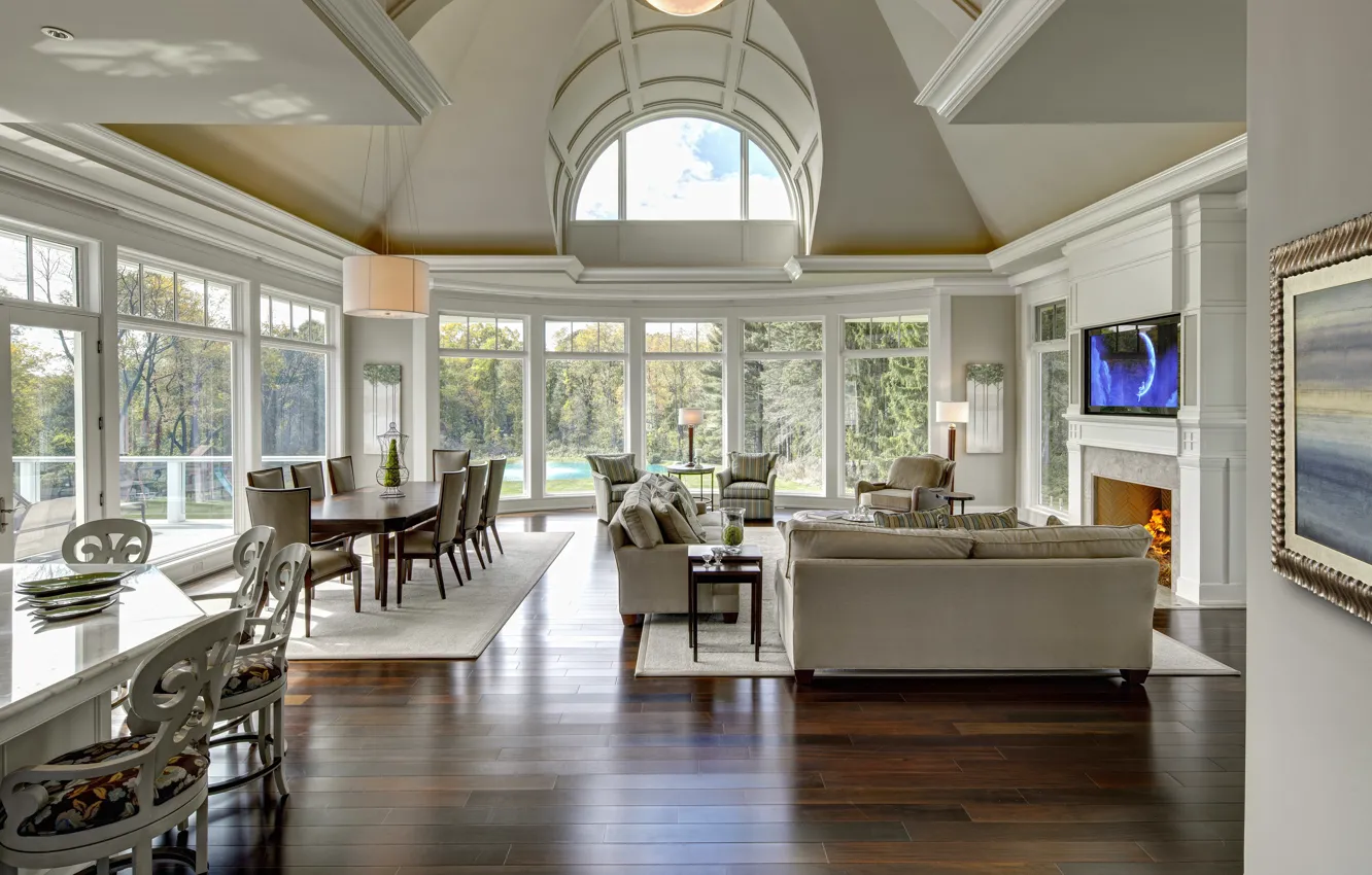 Photo wallpaper design, style, Villa, interior, Michigan, fireplace, living room, dining room