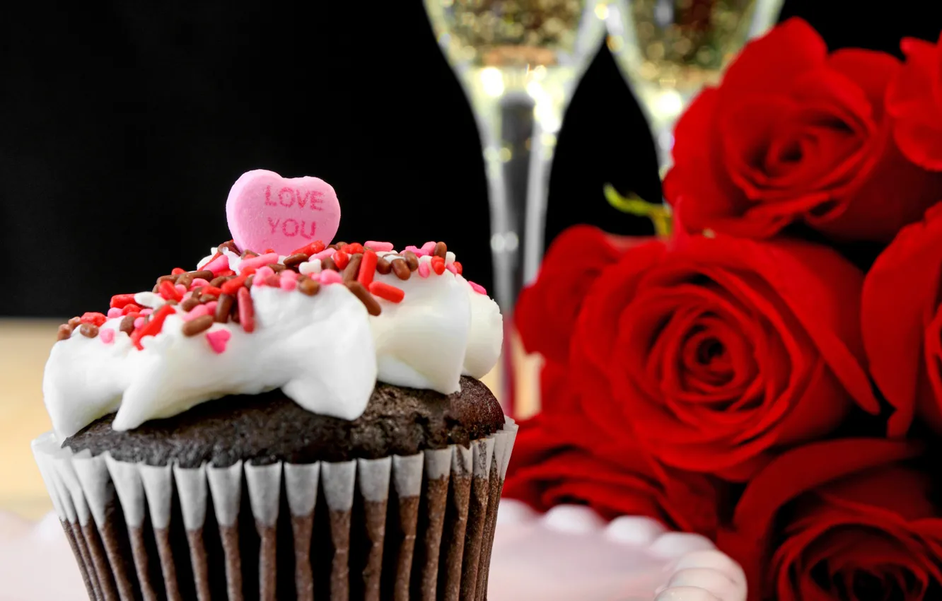 Photo wallpaper roses, love, heart, romantic, cupcake, roses, champagne, valentine`s day