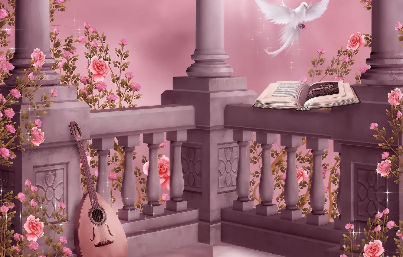 Photo wallpaper flowers, music, roses, pigeons, columns, book, garland, Music
