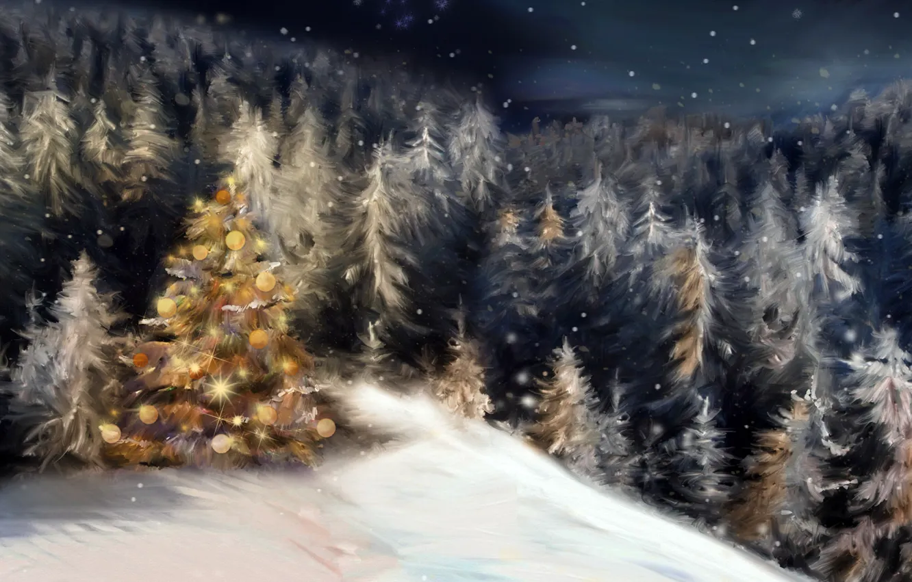 Photo wallpaper winter, forest, snow, night, holiday, tree, tree, new year