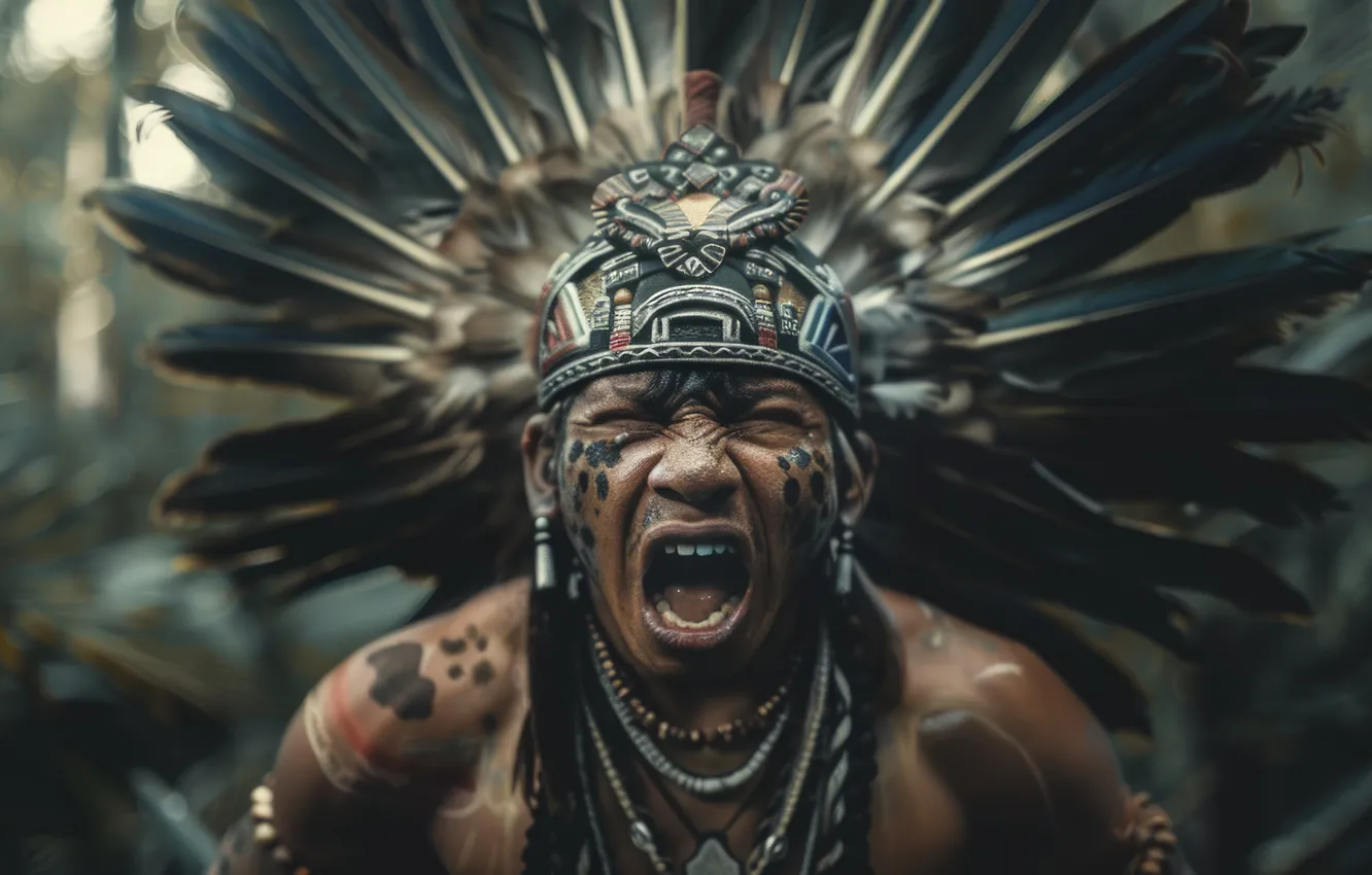 Photo wallpaper feathers, warrior, male, front, Creek, Indian, Miami, digital art