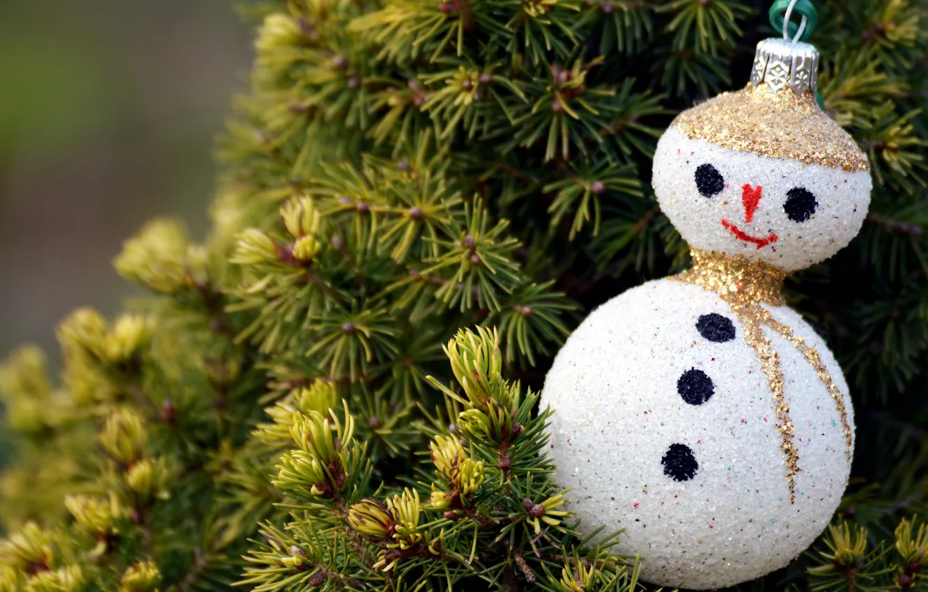 Photo wallpaper winter, branches, holiday, toy, Christmas, New year, snowman, needles