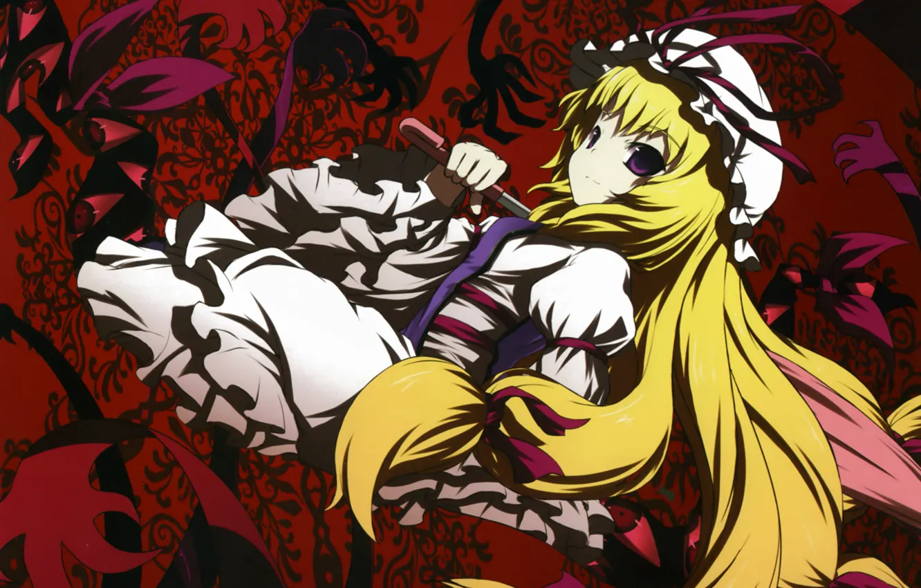 Photo wallpaper umbrella, cap, long hair, red background, ruffles, Touhou Project, Project East, Strikingly Is Wait