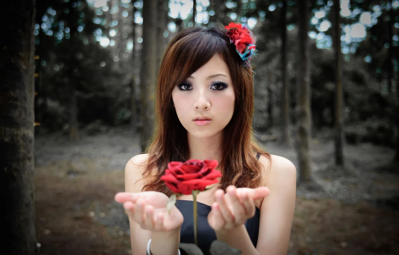 Photo wallpaper girl, roses, brunette, girl, Asian, wallpapers, asian