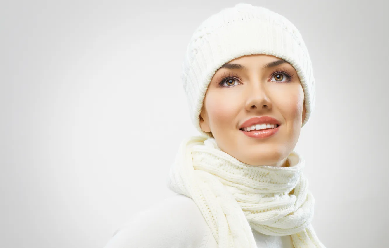 Photo wallpaper winter, look, girl, smile, cap, charm, brown-eyed