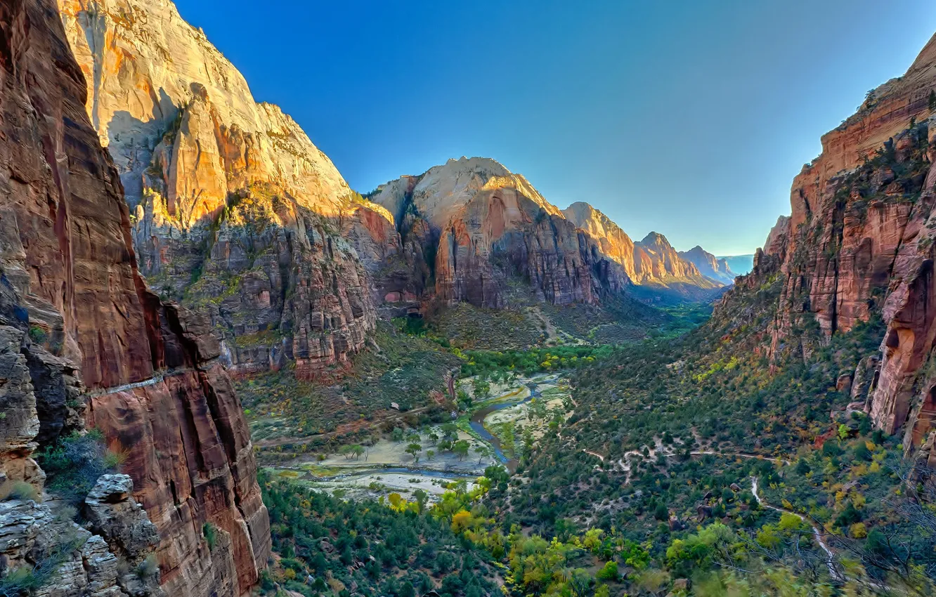 Photo wallpaper trees, mountains, nature, river, rocks, canyon, gorge