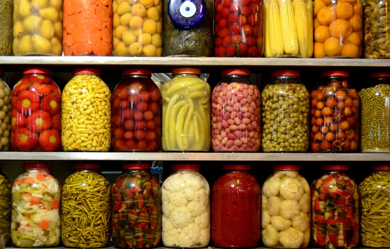 Photo wallpaper GLASS, SHELVES, FOOD, FRUIT, VEGETABLES, BANKS, SEAMING, PRODUCTS