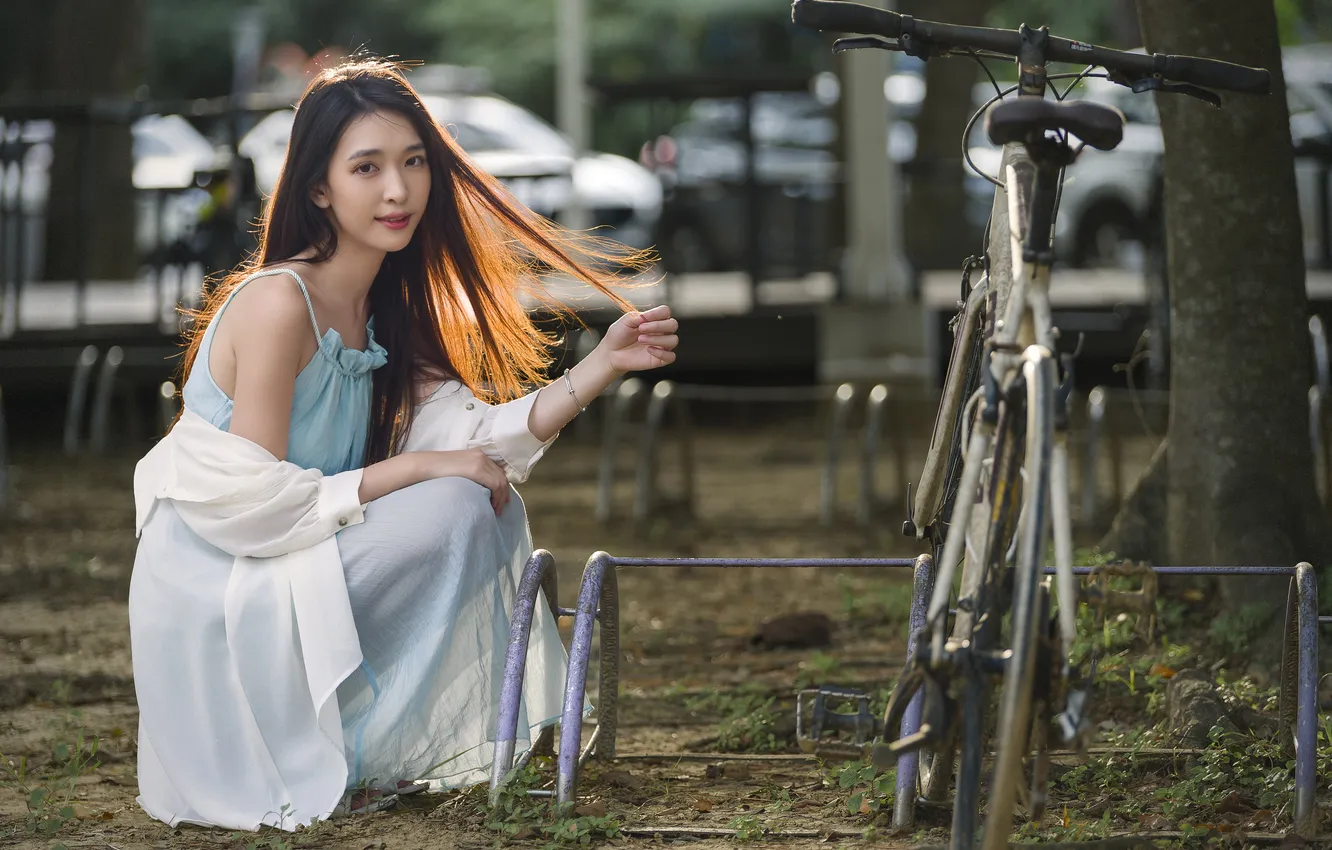 Photo wallpaper girl, bike, Asian