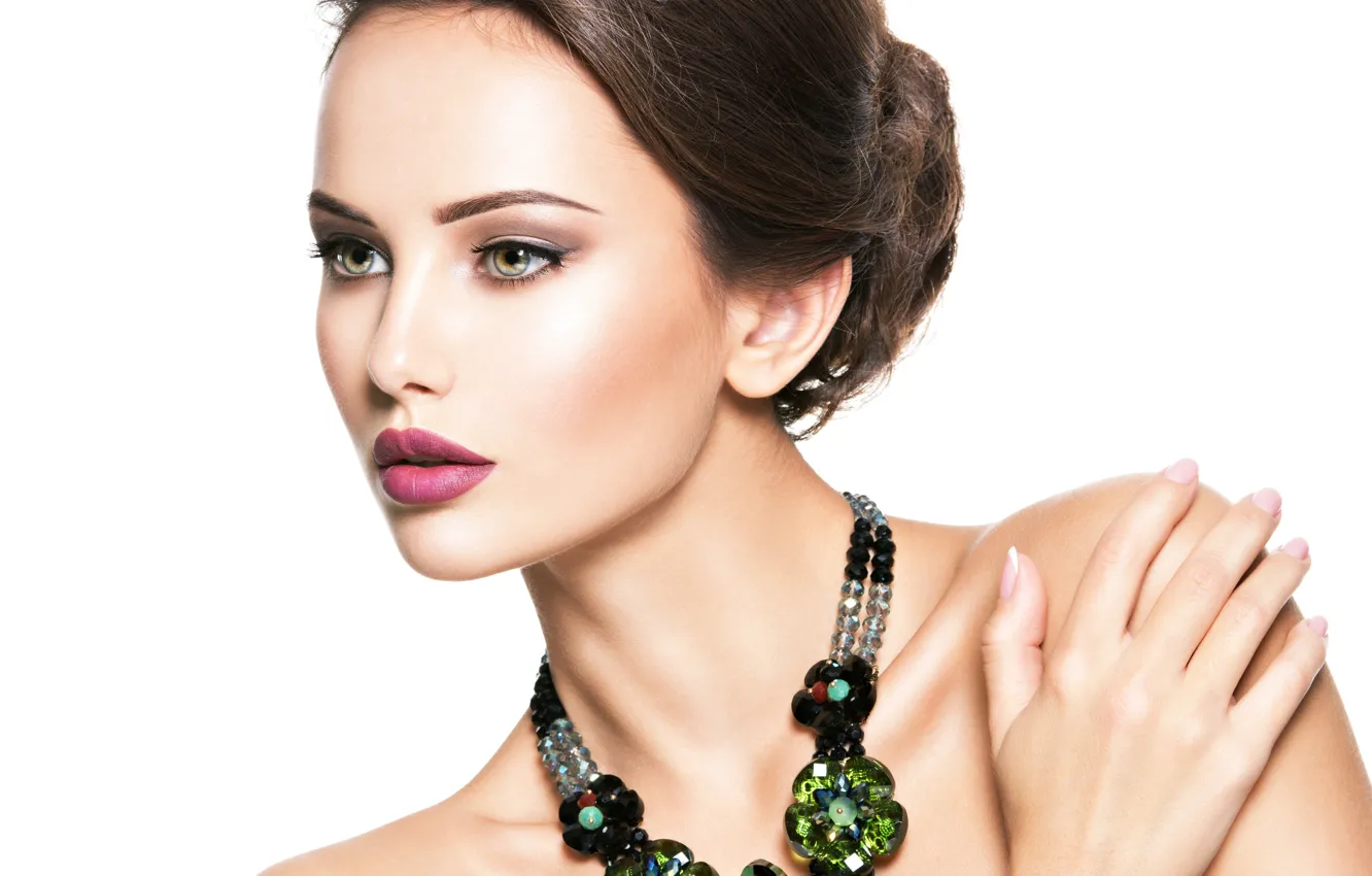 Photo wallpaper look, girl, green, model, portrait, beautiful, face, jewelry