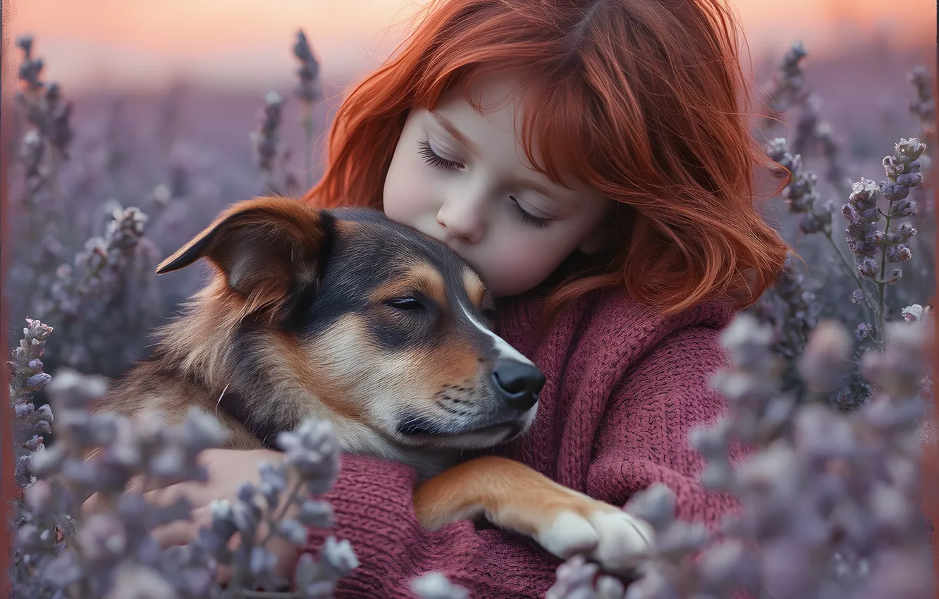 Photo wallpaper field, the sky, flowers, each, paw, dog, the evening, girl
