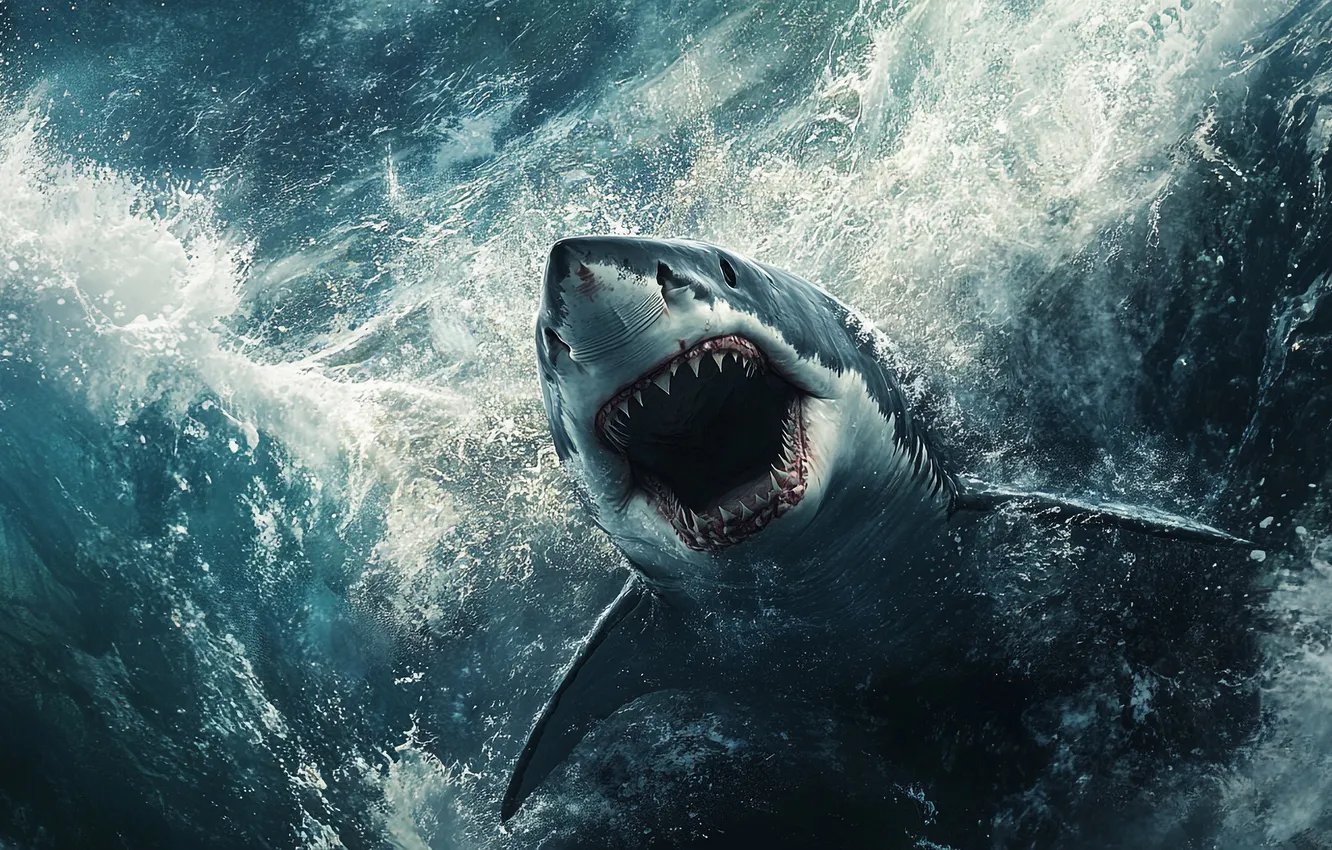 Photo wallpaper sea, wave, face, the ocean, jump, shark, teeth, mouth