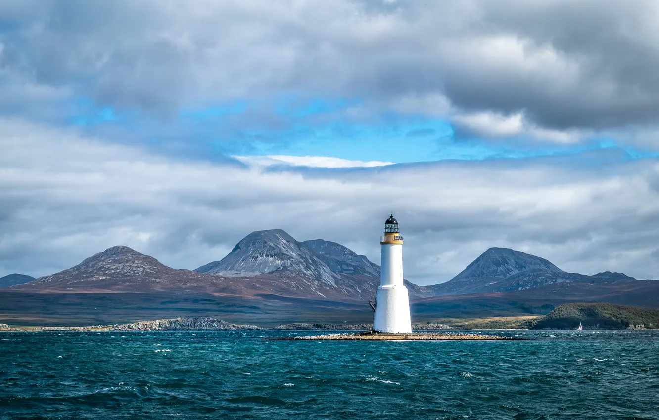 Photo wallpaper sea, wave, the sky, clouds, mountains, blue, rocks, shore