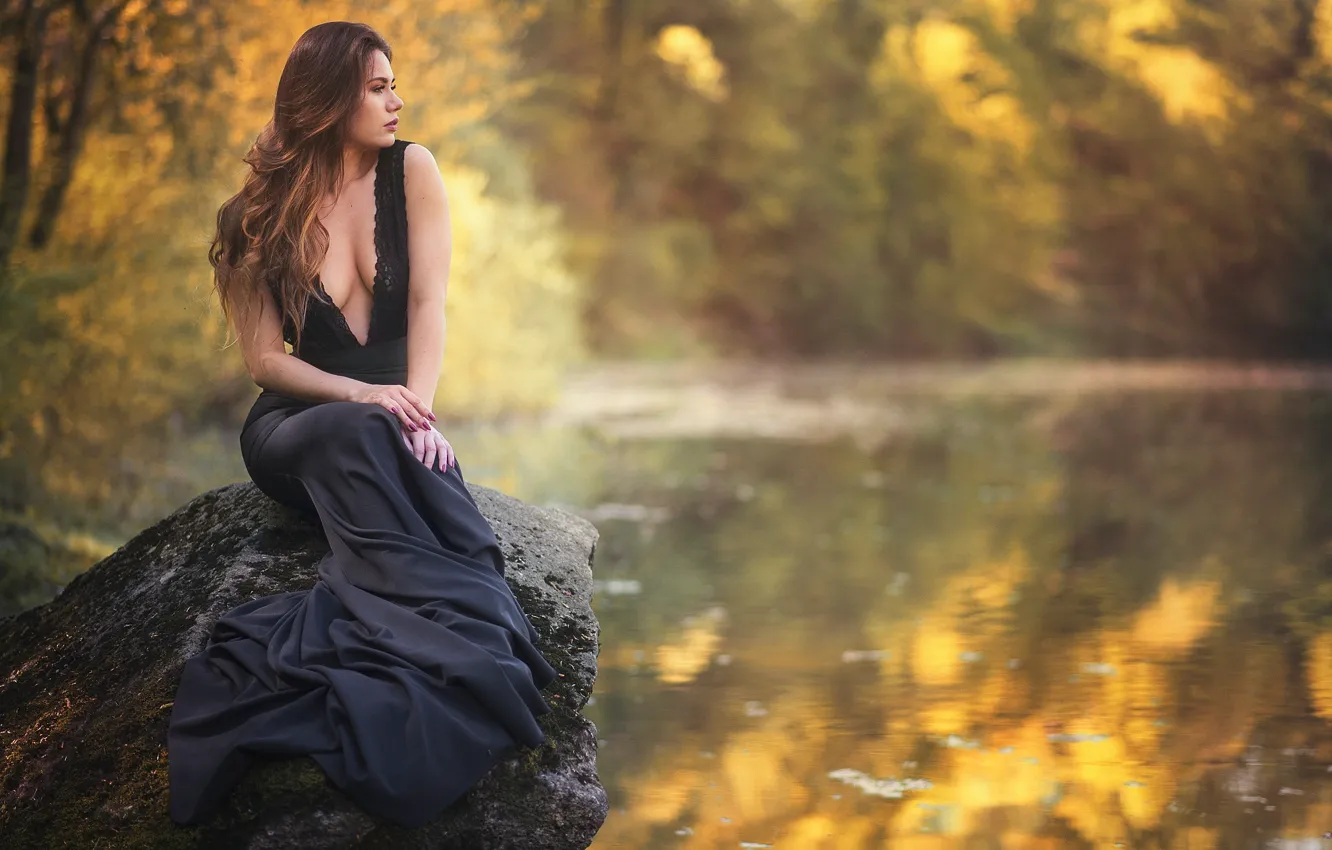 Photo wallpaper water, girl, pose, stones, mood, dress, pond, Martyna Lasota