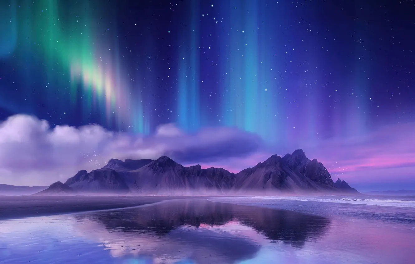 Photo wallpaper colorful, sky, landscape, nature, water, mountains, clouds, stars