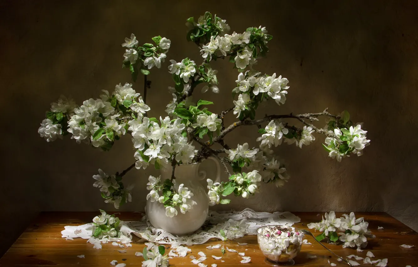 Photo wallpaper light, flowers, branches, bouquet, spring, petals, ice cream, white