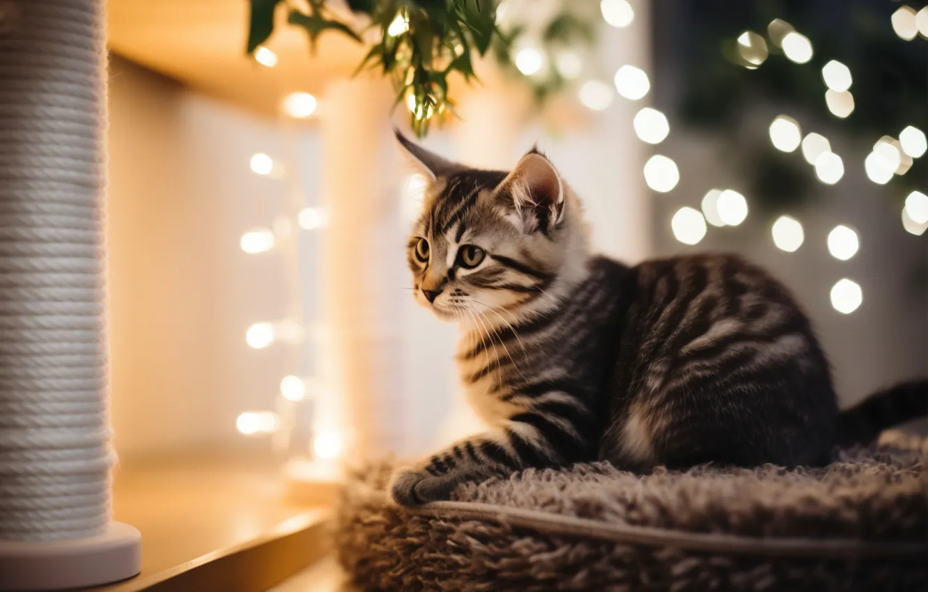 Photo wallpaper cat, look, leaves, light, pose, glare, grey, rope