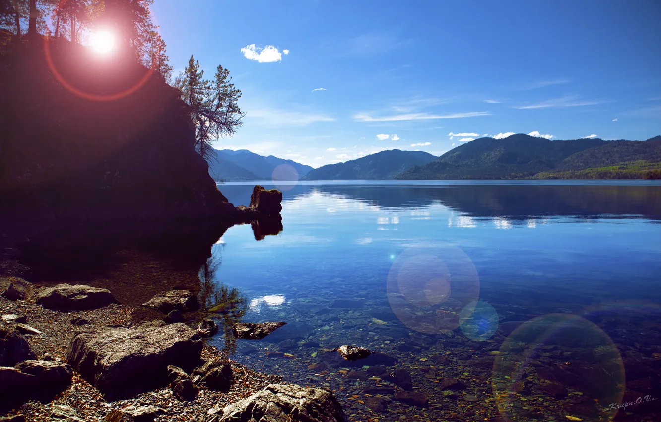 Photo wallpaper water, the sun, landscape, mountains, nature, rock, lake, stones