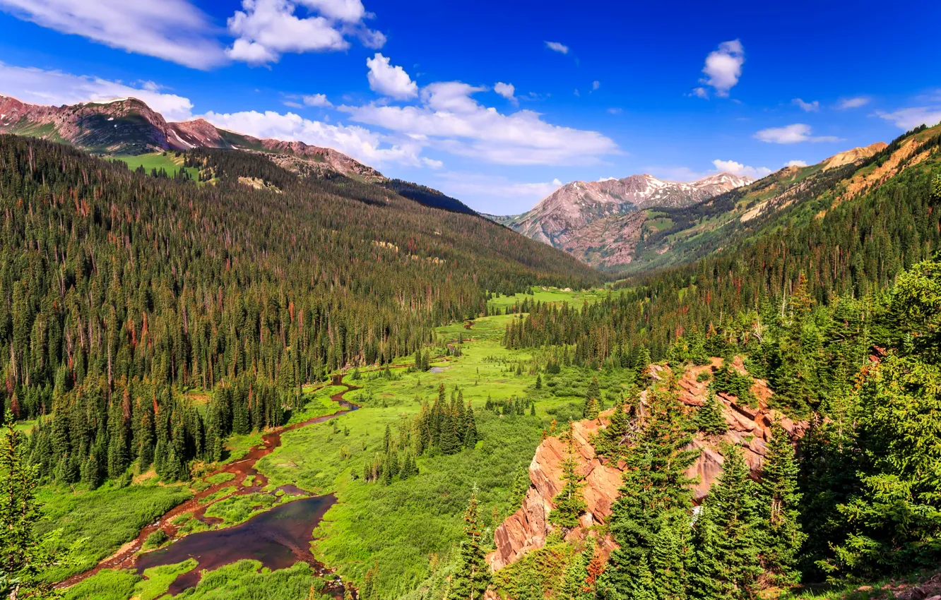 Photo wallpaper clouds, trees, mountains, rocks, valley, Colorado, USA, river