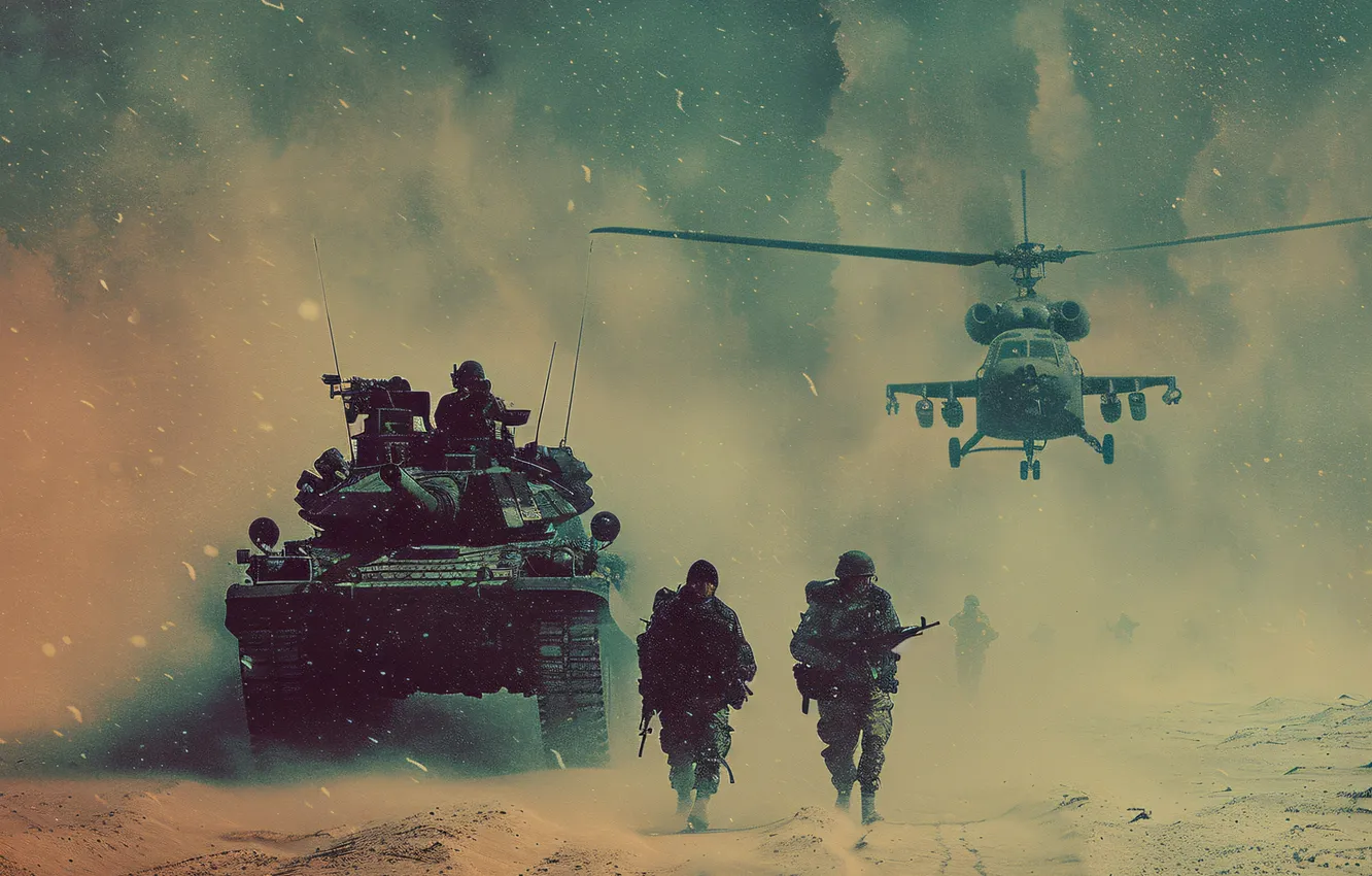 Photo wallpaper retro, smoke, dust, soldiers, tank, helicopter, digital art, AI art