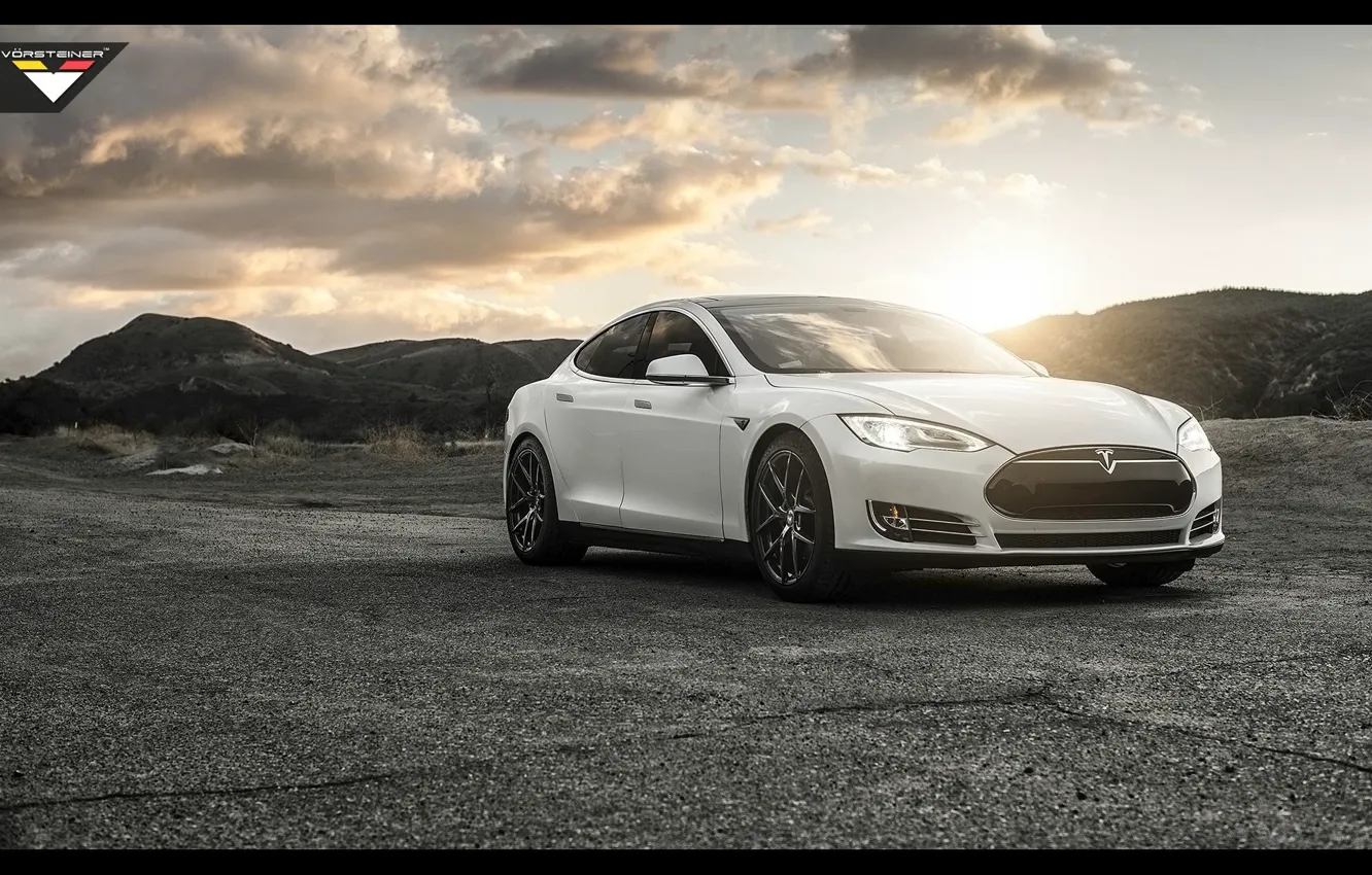 Photo wallpaper sunset, mountains, Tesla, model S