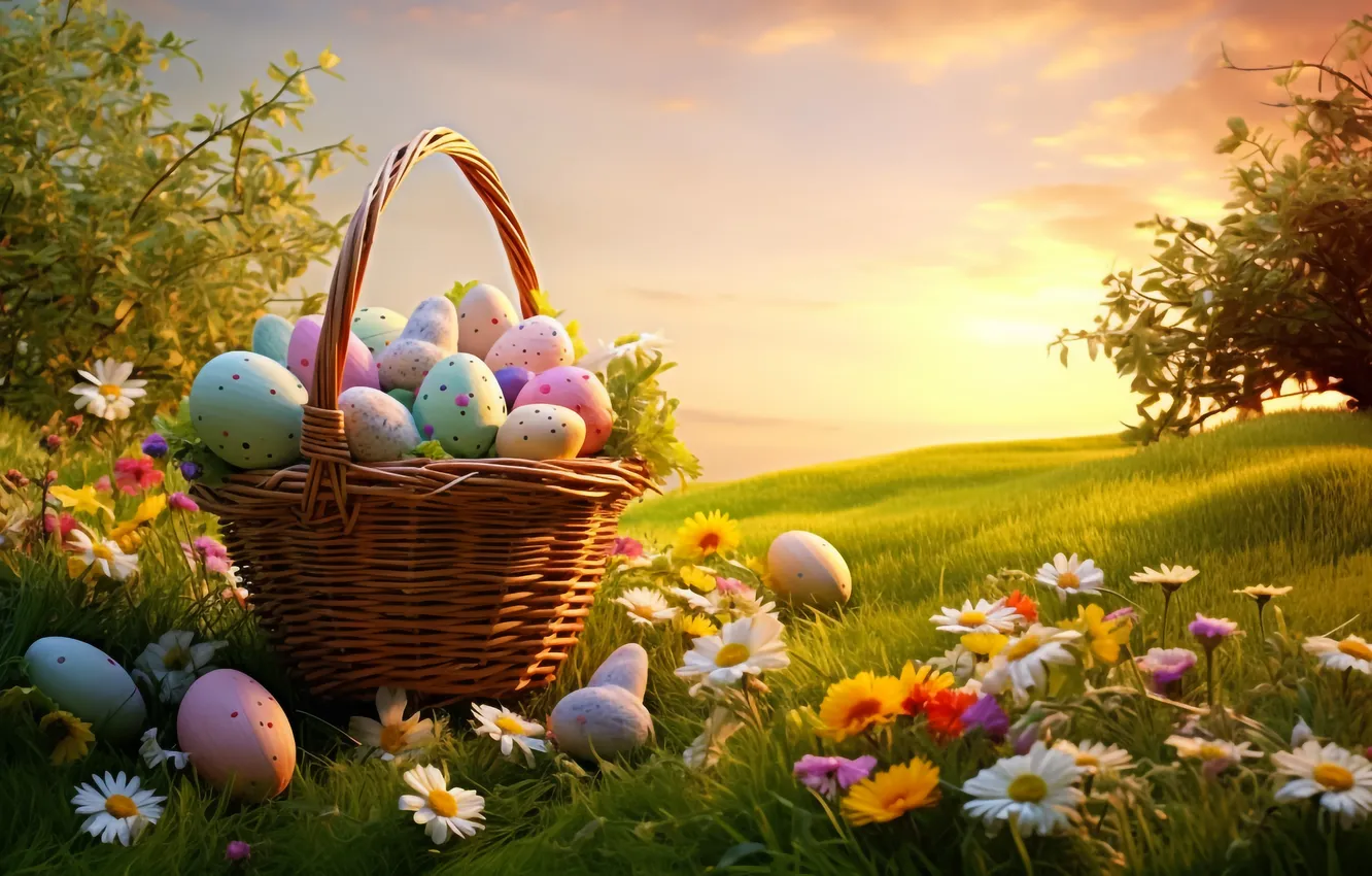 Photo wallpaper flowers, basket, glade, eggs, spring, colorful, Easter, flowers