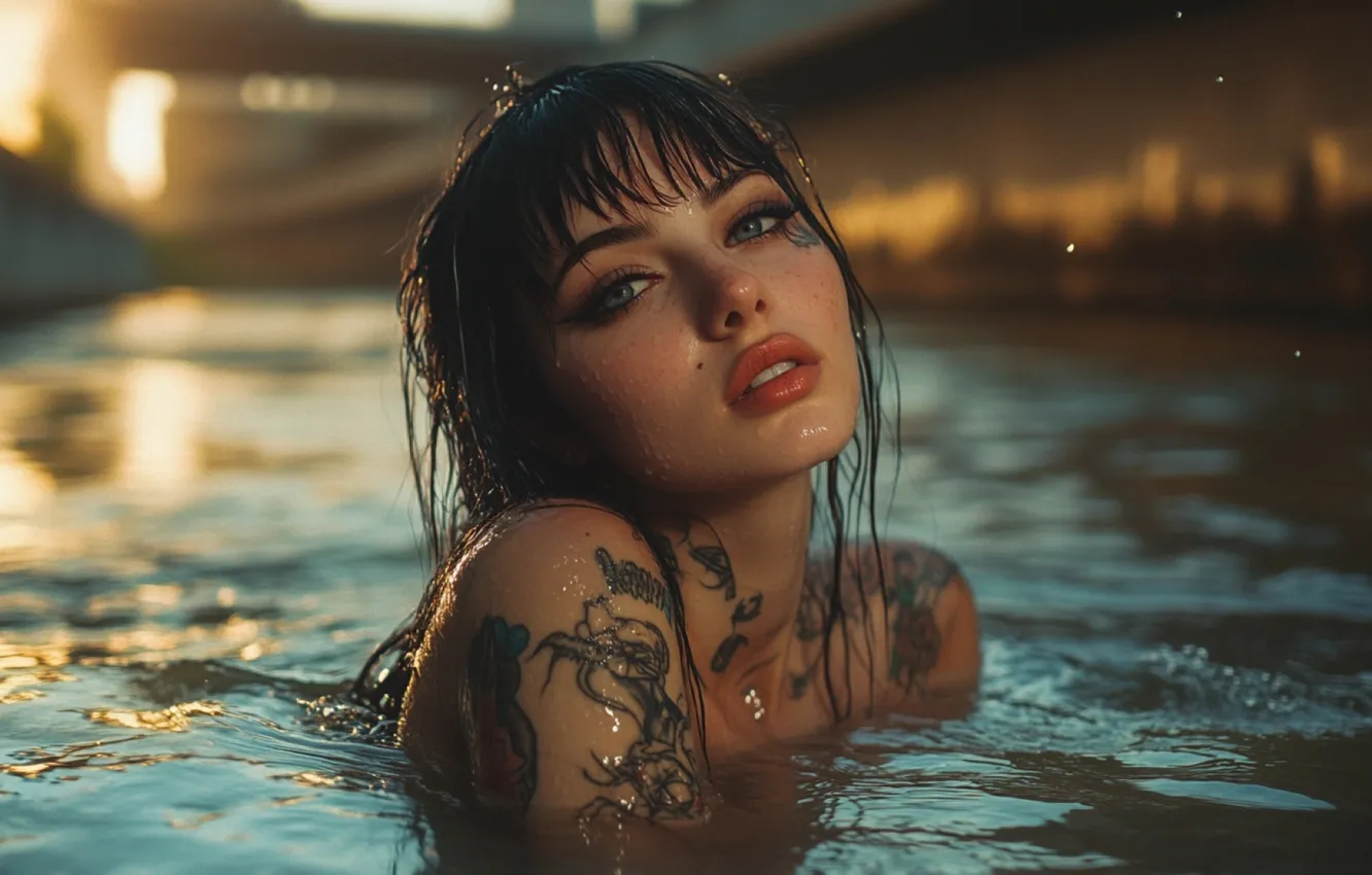 Photo wallpaper look, girl, the city, river, tattoo, beauty, floats, Los Angeles