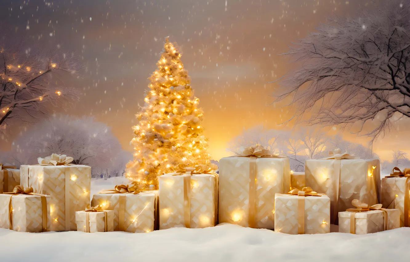 Photo wallpaper winter, forest, snow, lights, lights, box, gift, tree