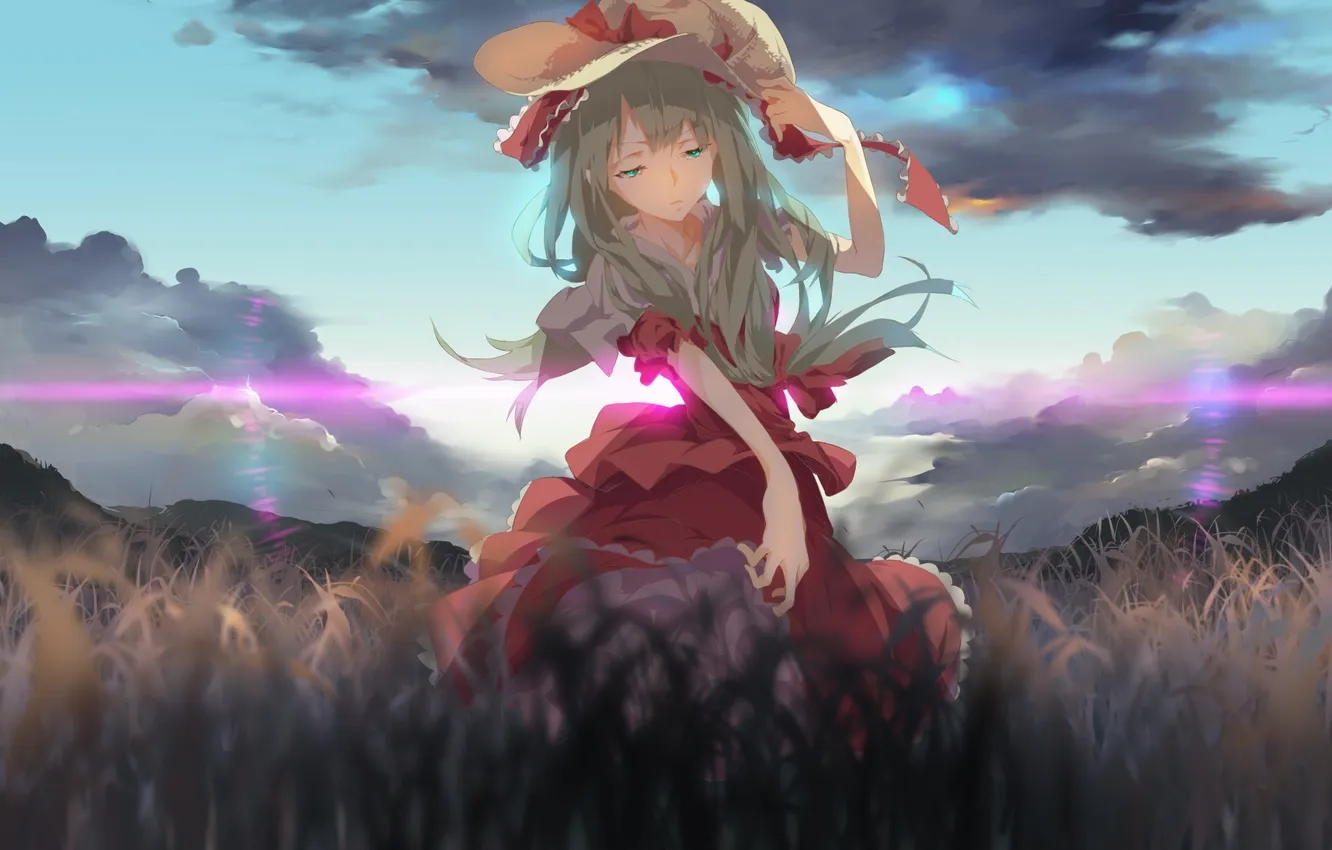 Photo wallpaper the sky, girl, clouds, sunset, nature, hat, anime, art