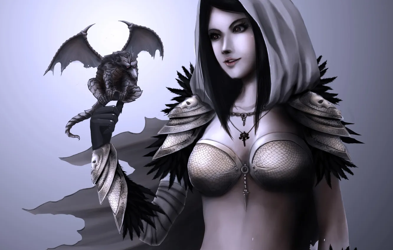Photo wallpaper girl, wings, monster, art, hood, horns, manual, gargoyle