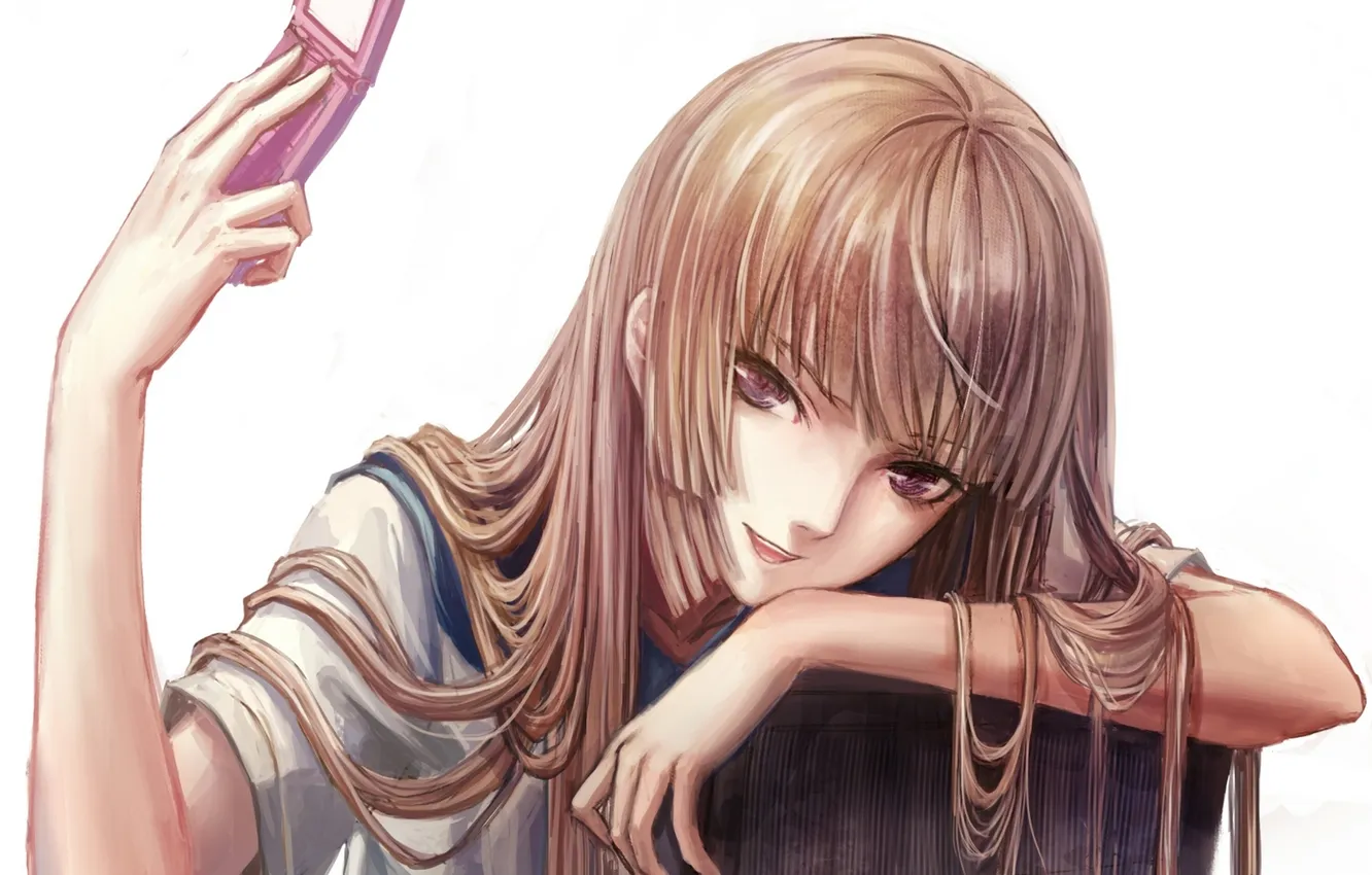 Photo wallpaper girl, anime, art, chair, phone, form, schoolgirl, zhouran