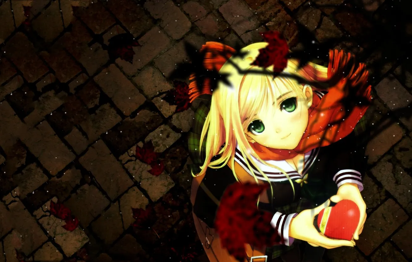 Photo wallpaper road, leaves, girl, branches, smile, heart, anime