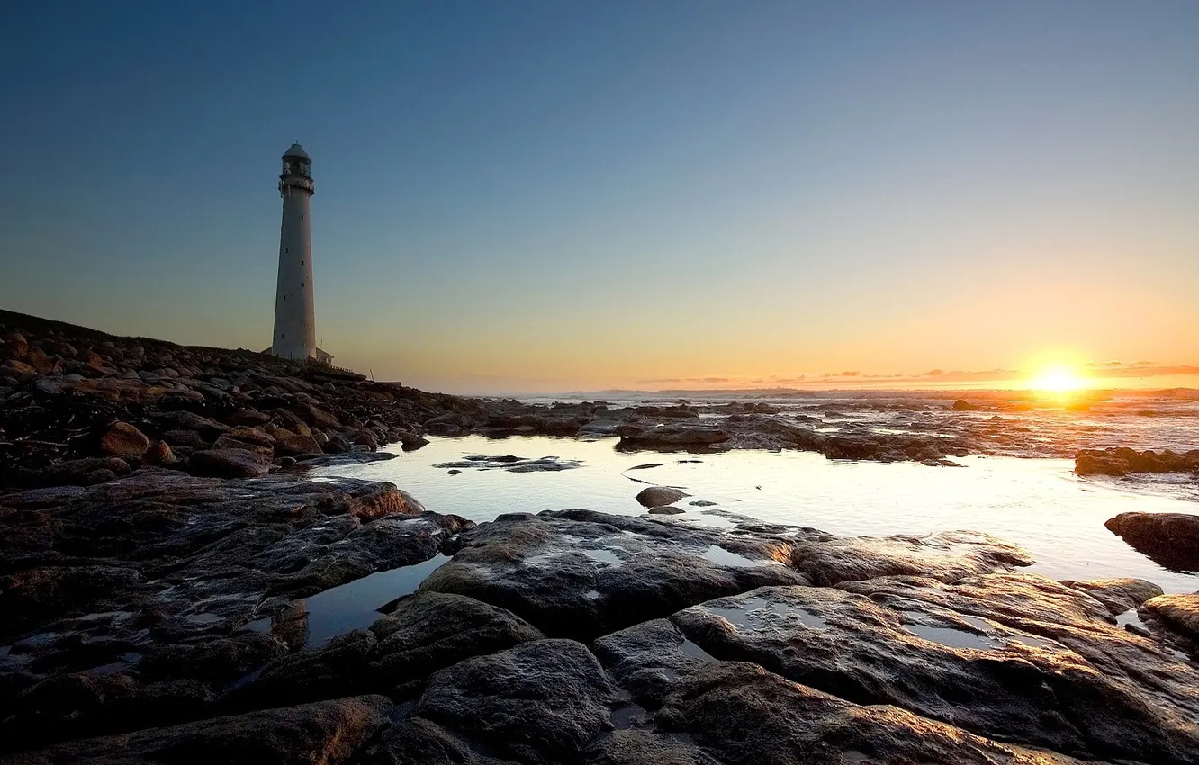 Photo wallpaper landscape, sunset, nature, stones, lighthouse, horizon