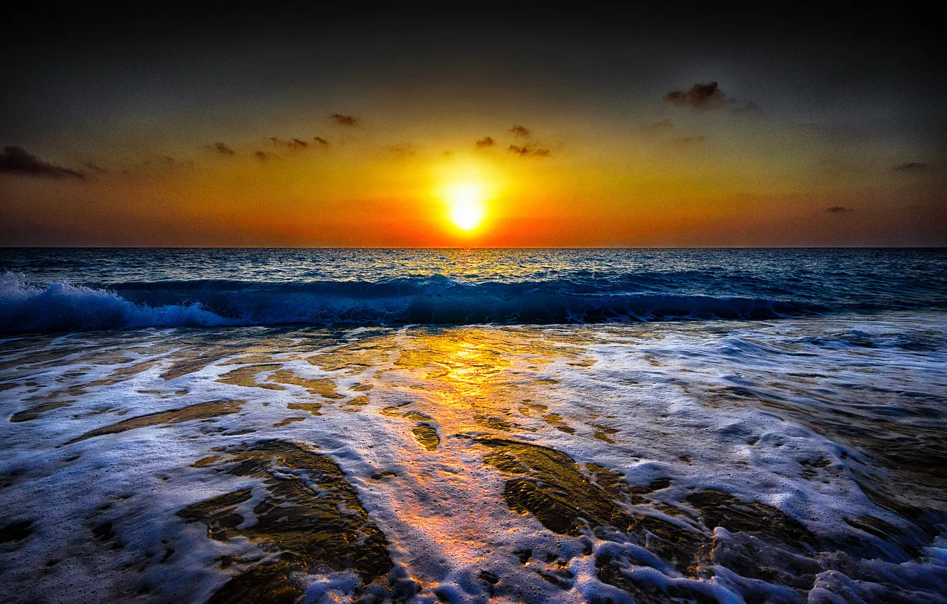 Photo wallpaper sea, wave, the sky, clouds, landscape, sunset