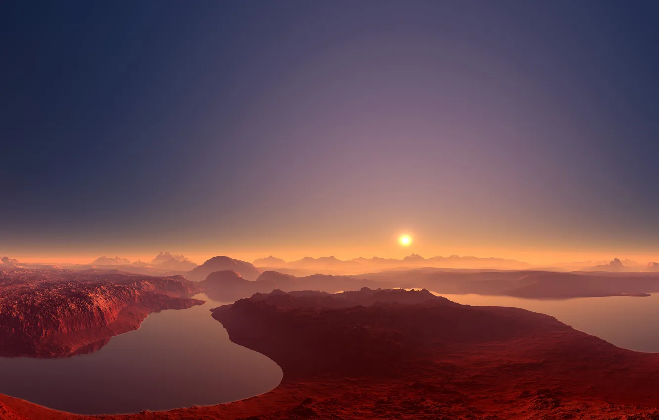 Photo wallpaper landscape, mountains, nature, river, Wallpaper, wallpaper, river, sun