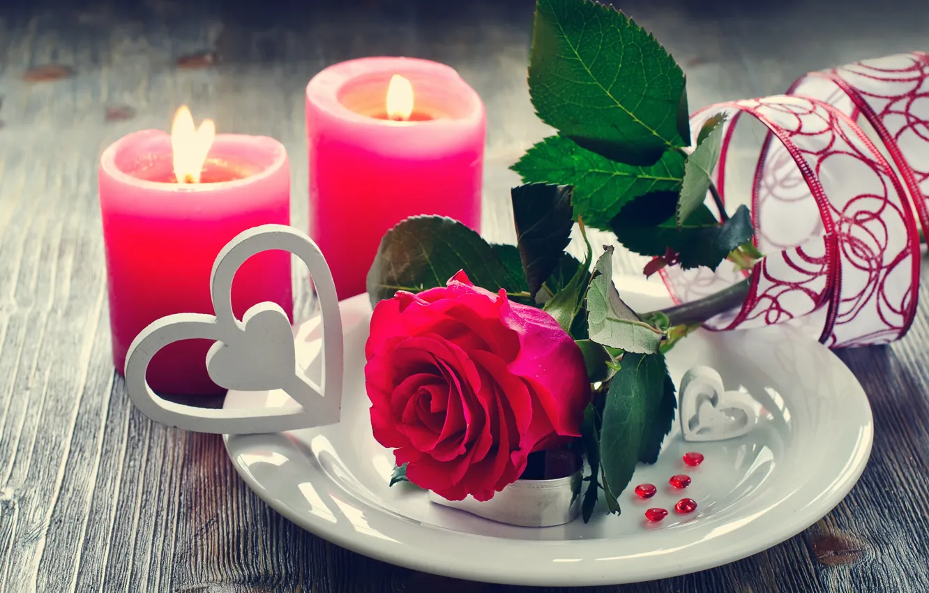 Photo wallpaper love, flowers, roses, candles, petals, valentine's day