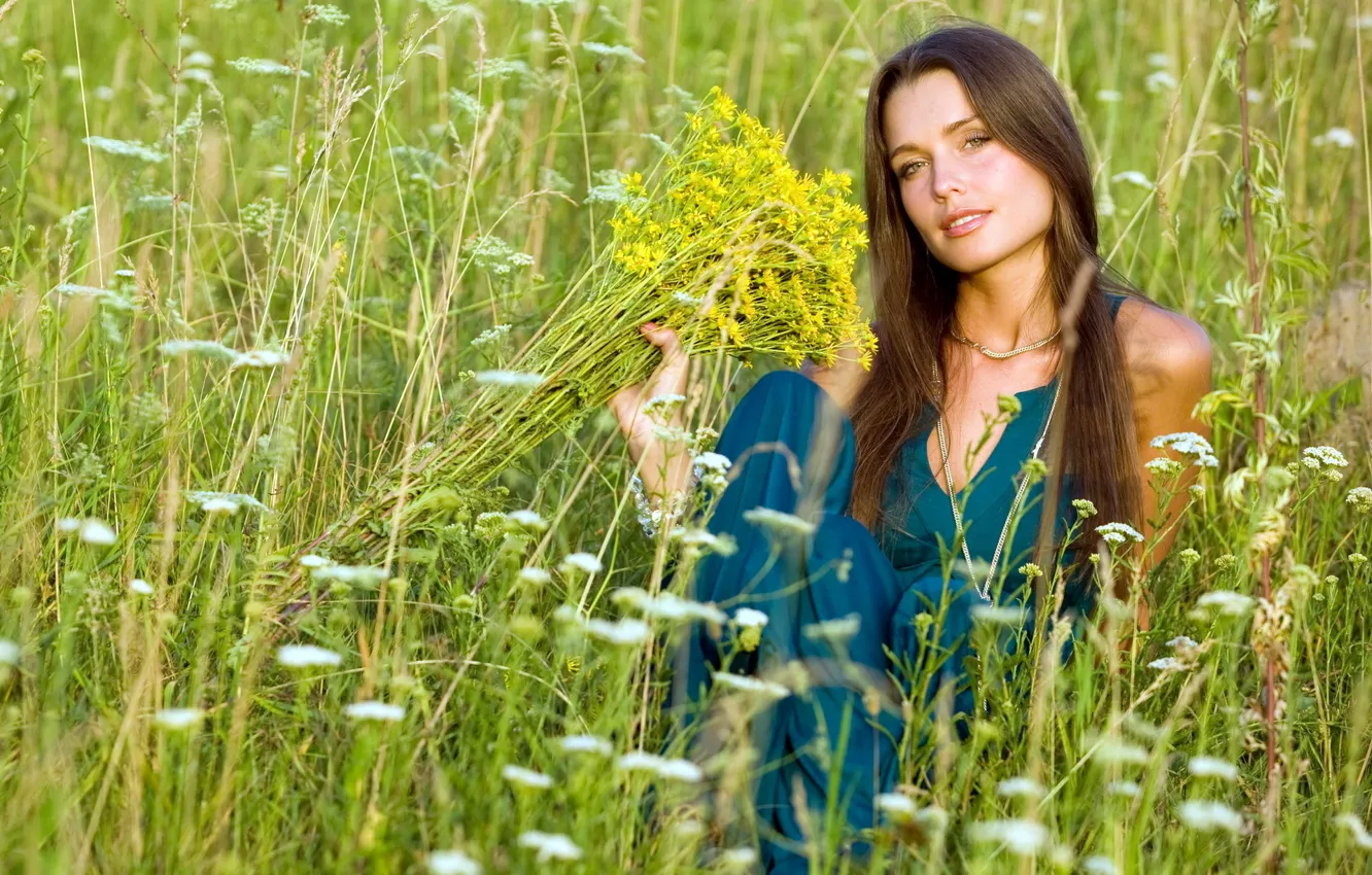 Photo wallpaper field, summer, girl, flowers