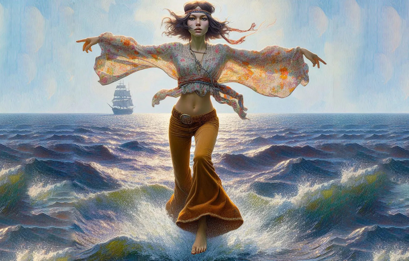Photo wallpaper girl, the ocean, ship