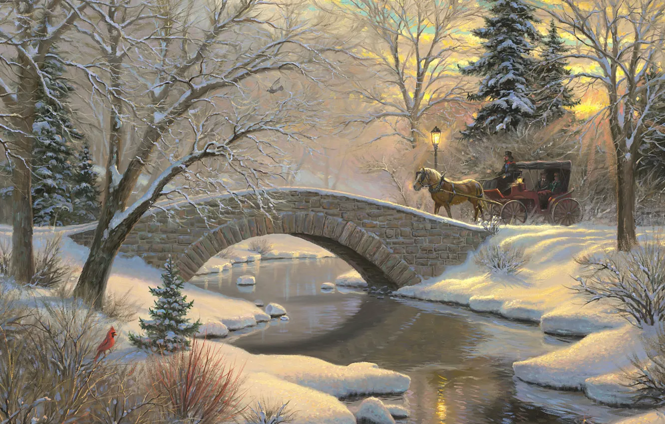 Photo wallpaper winter, forest, snow, sunset, bridge, river, bird, horse