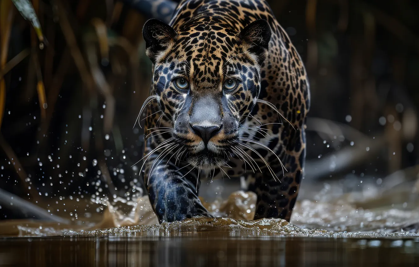 Photo wallpaper look, face, water, squirt, the dark background, Panther, leopard, pond