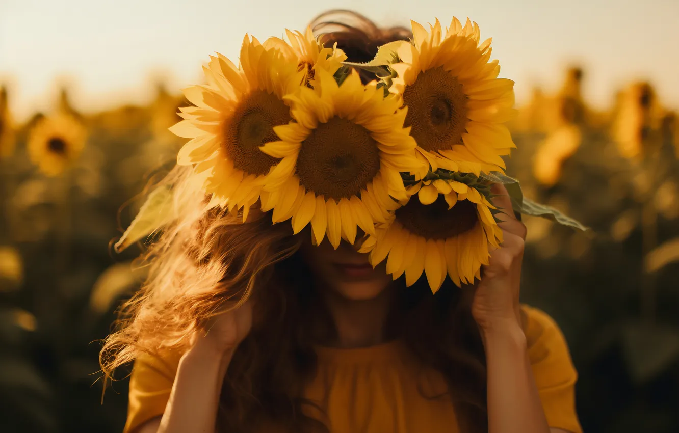 Photo wallpaper field, summer, girl, sunflowers, flowers, nature, pose, bouquet