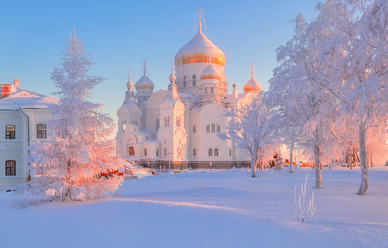 Photo wallpaper winter, snow, trees, temple, Russia, frost, Perm Krai, Maxim Evdokimov