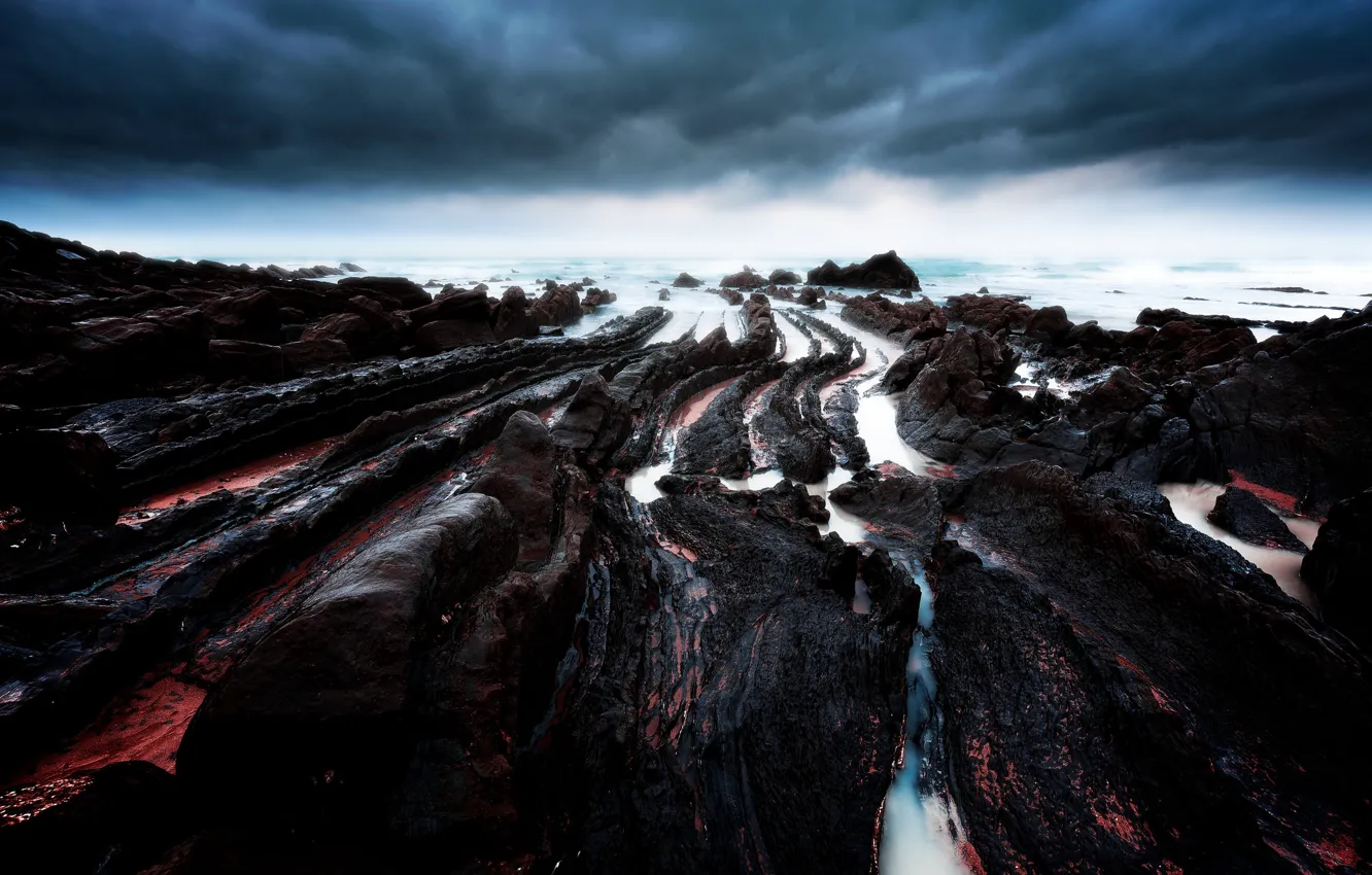 Photo wallpaper sea, clouds, stones, shore, rocky, rocky, gloomy sky, stone ridge