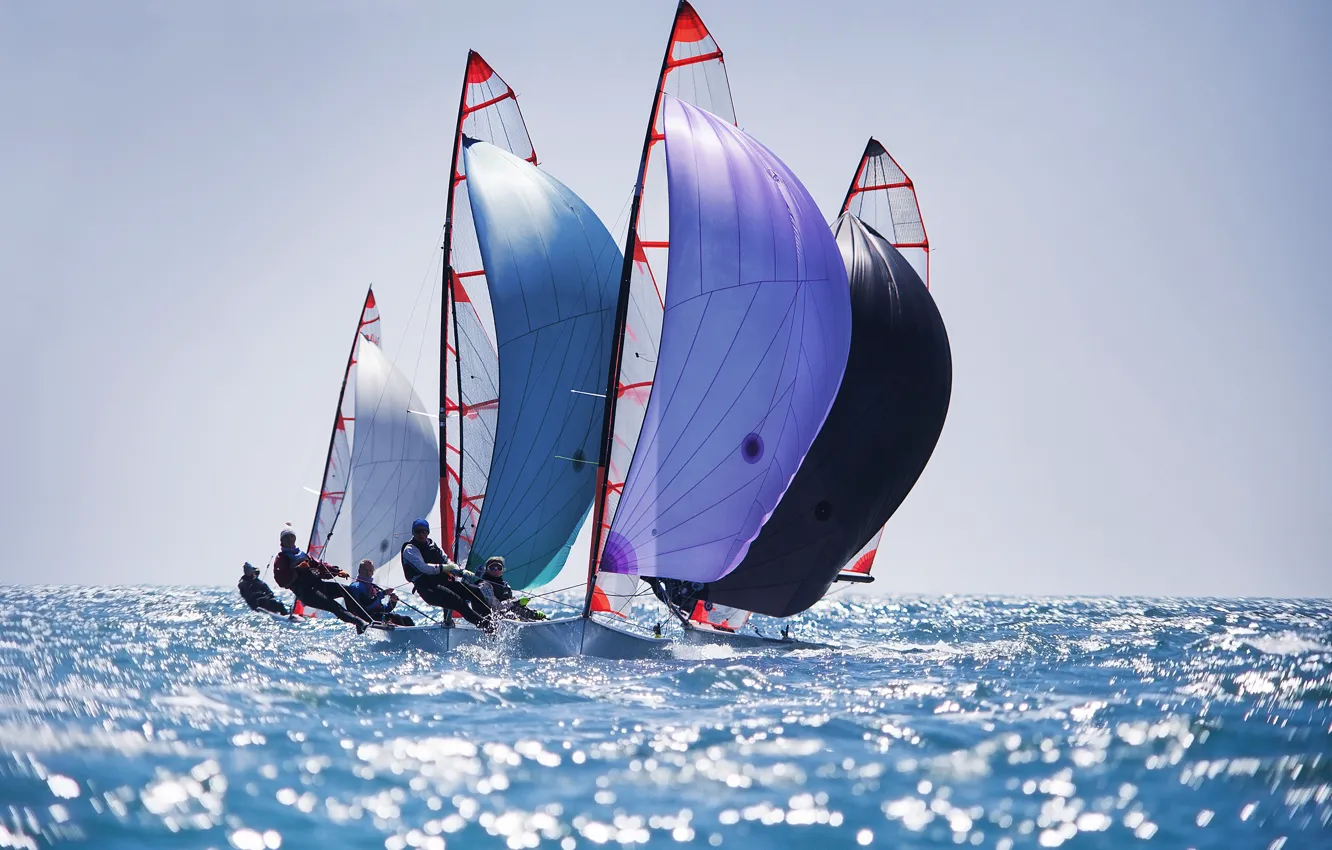 Photo wallpaper sea, the sky, the sun, boat, horizon, sail, regatta, sailing
