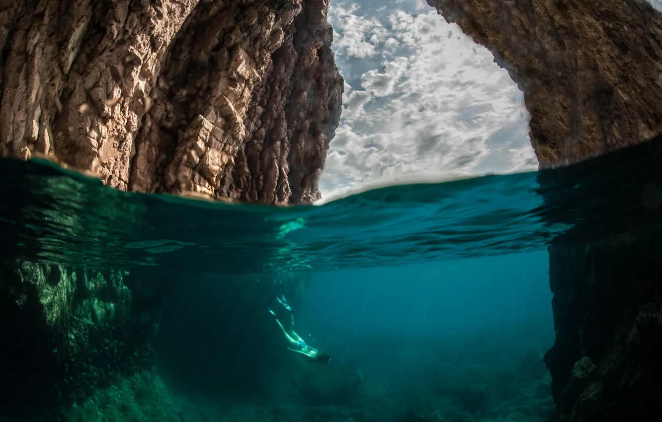 Photo wallpaper sea, water, nature, rocks, underwater world