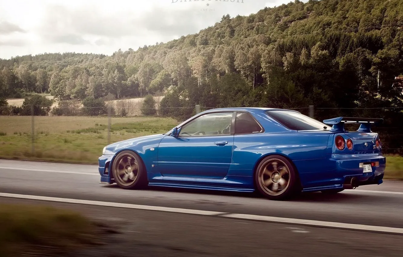 Photo wallpaper Auto, Road, Blue, Trees, Forest, Machine, Nissan, GTR