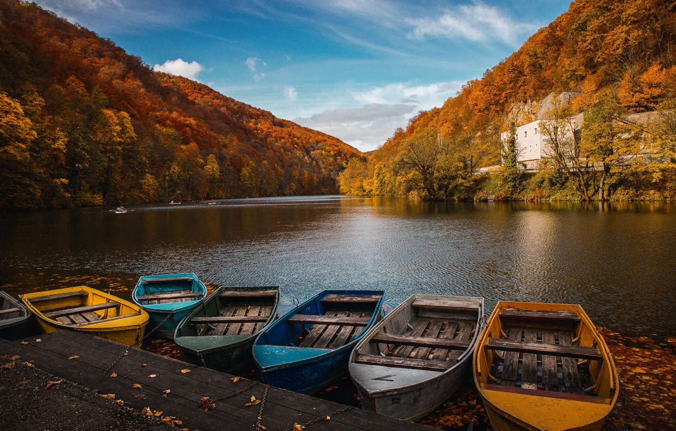 Photo wallpaper autumn, landscape, mountains, nature, river, boats, pier, forest