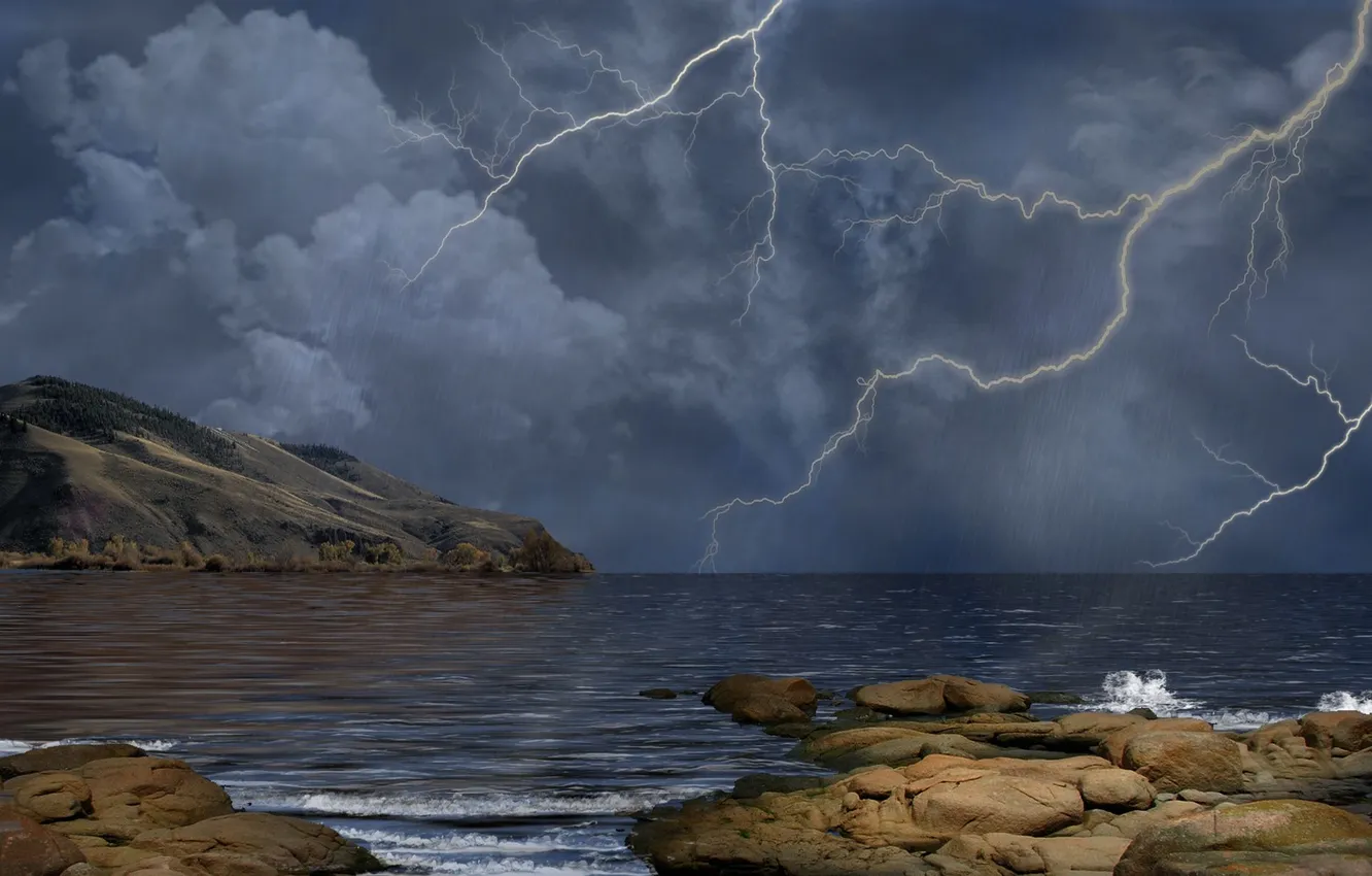 Photo wallpaper the storm, wave, the sky, landscape, clouds, storm, nature, rain