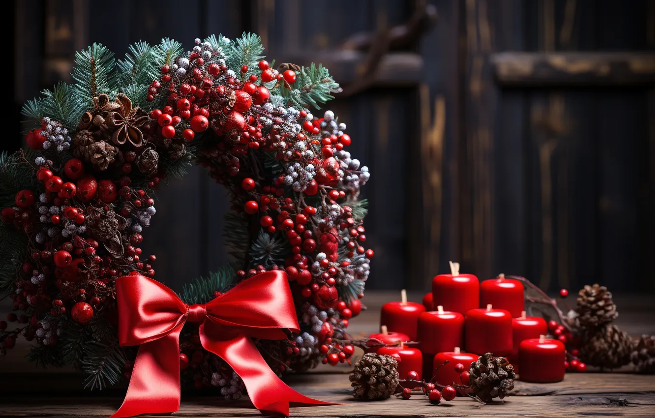Photo wallpaper decoration, new year, candles, Christmas, red, Christmas, wreath, candles