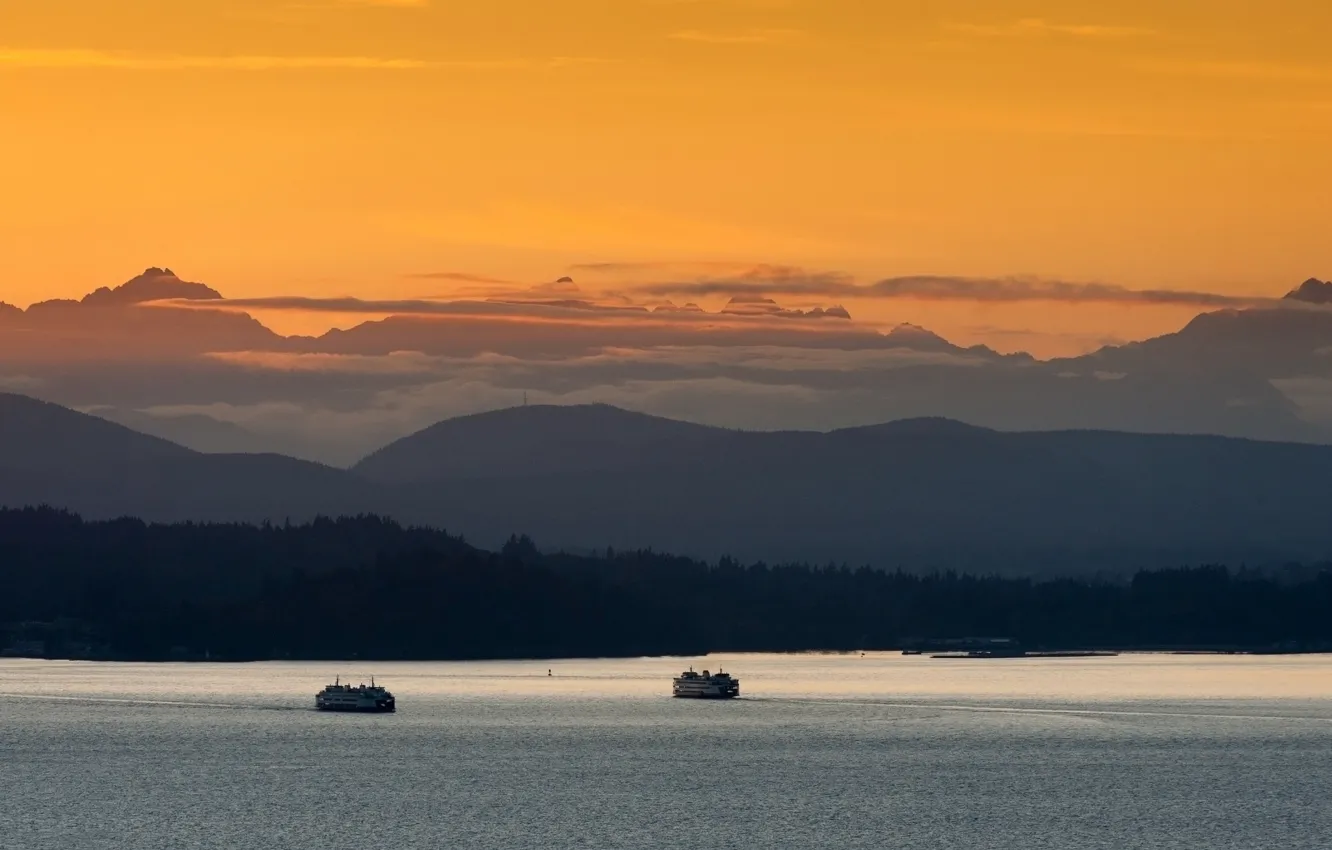 Photo wallpaper sunset, Washington, ship, boat, Seattle, ferry, ferries, Bremerton, wa