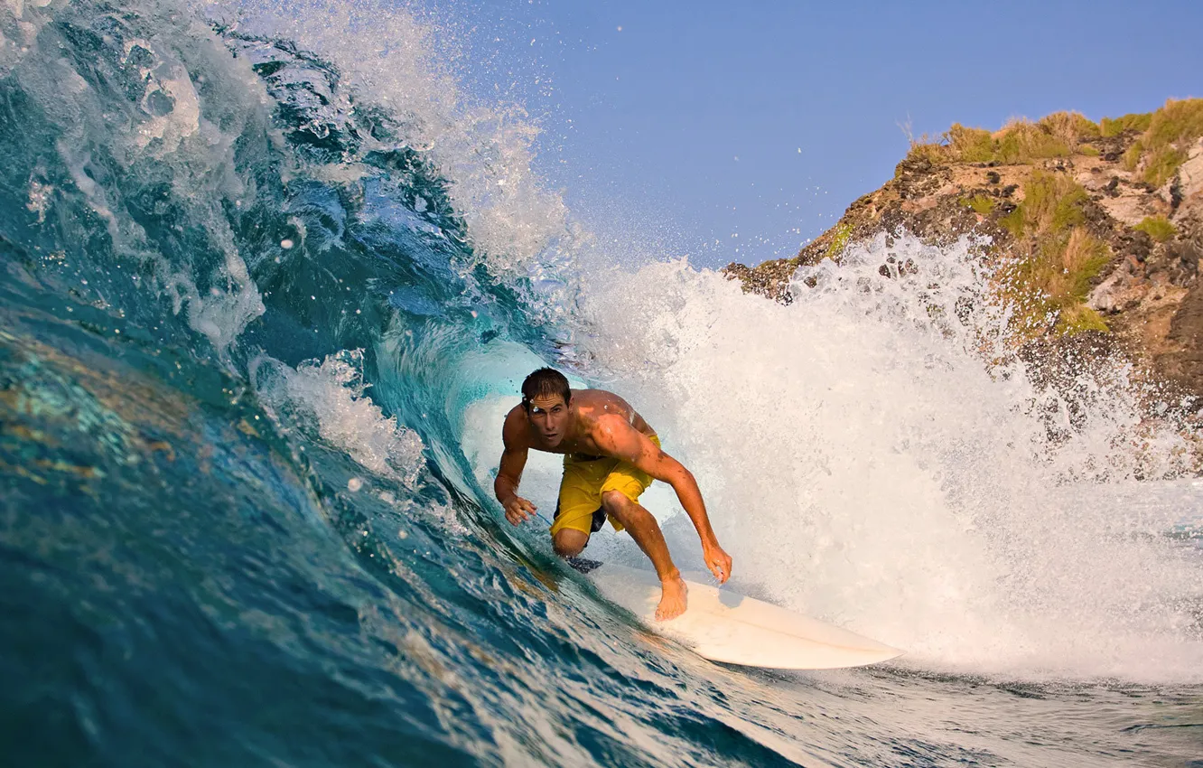 Photo wallpaper wave, grass, water, mountains, the ocean, surfing, male, surfer